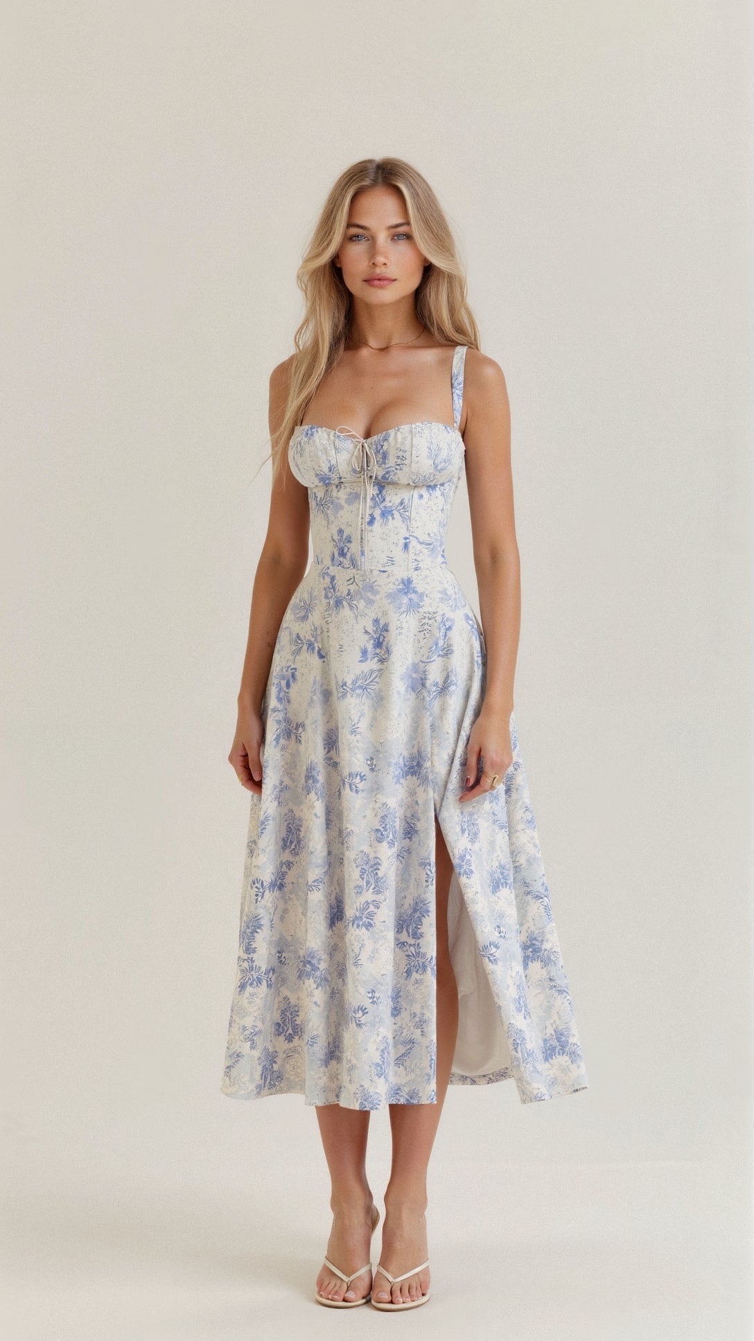 Robe Midi Femme Motif Floral Col En Coeur Corps Ajusté Fente Latérale Amawinc Coton Ambiance Nordique