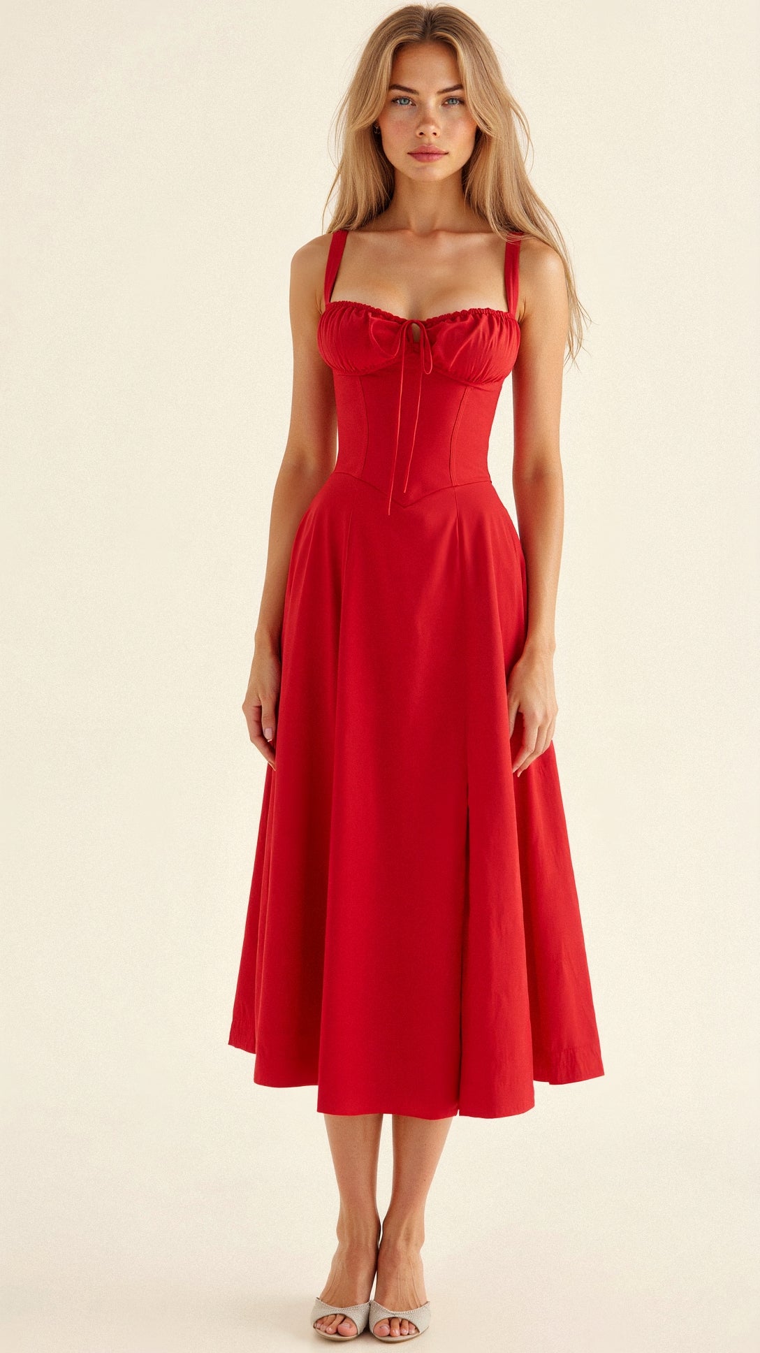 Robe Midi Femme Motif Floral Col En Coeur Corps Ajusté Fente Latérale Amawinc Coton Ambiance Nordique