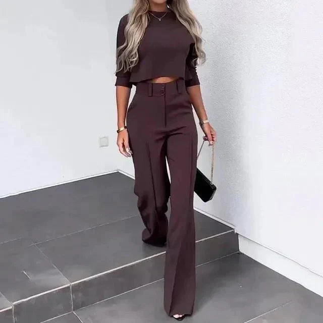 Kayla Ensemble Deux Pièces Femme Moderne Top Court Et Pantalon Taille Haute Pour Élégance Quotidienne