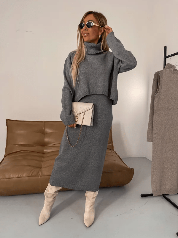 Robe En Maille Femme Amawinc Col Roulé Manches Longues Coupe Décontractée Midi Confortable Élégante