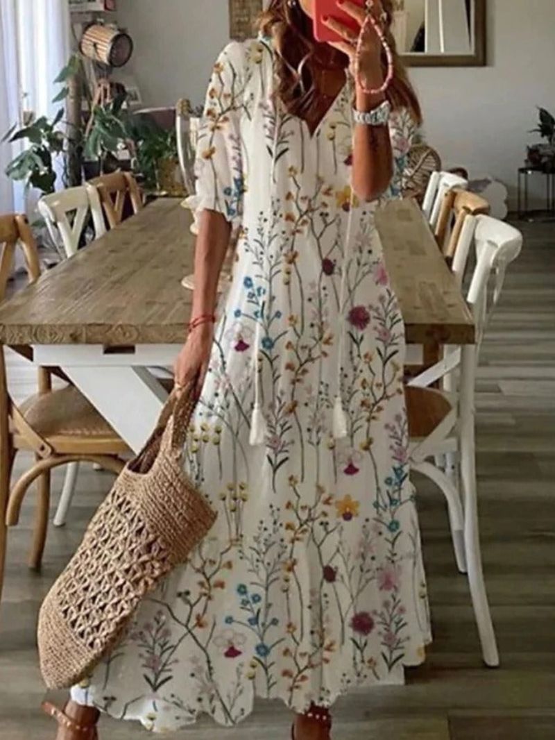 Robe Maxi Femme Léger En Col V Manches Courtes À Motifs Floraux Coupe Ample Idéale Pour Été Vacances