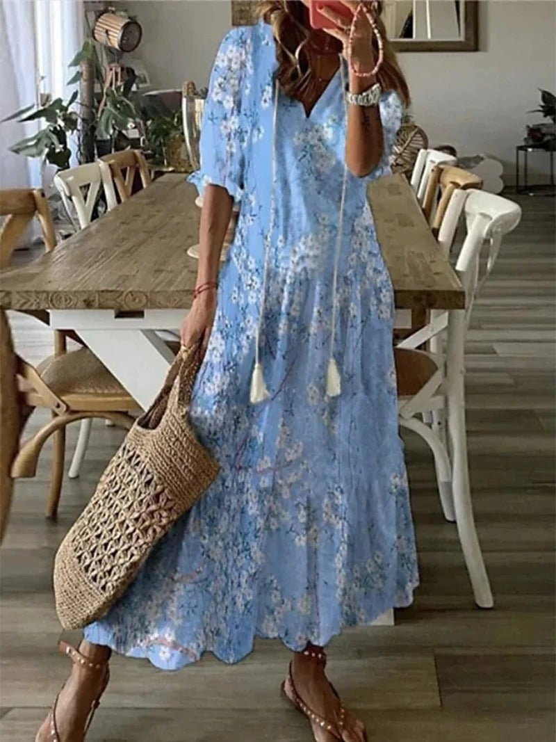 Robe Maxi Femme Léger En Col V Manches Courtes À Motifs Floraux Coupe Ample Idéale Pour Été Vacances