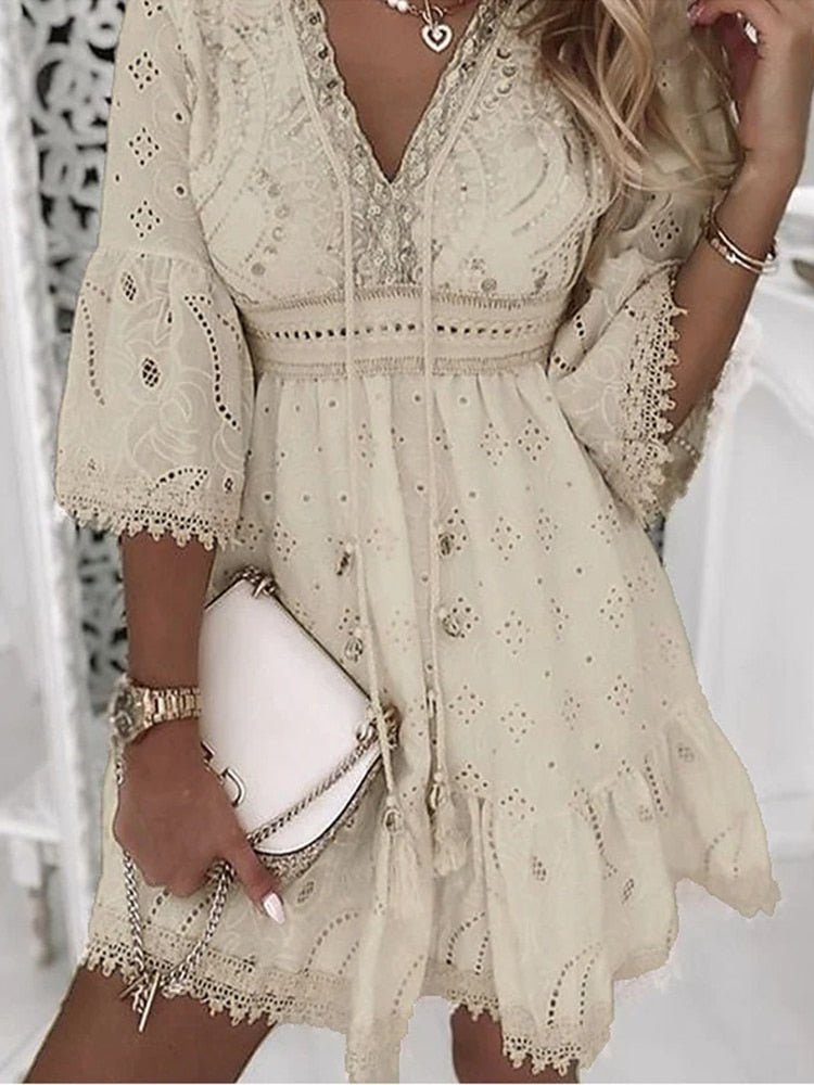 Robe Femme Dentelle Brodée Légère Ample Col V Frangé Manches Trois Quarts Boho Été