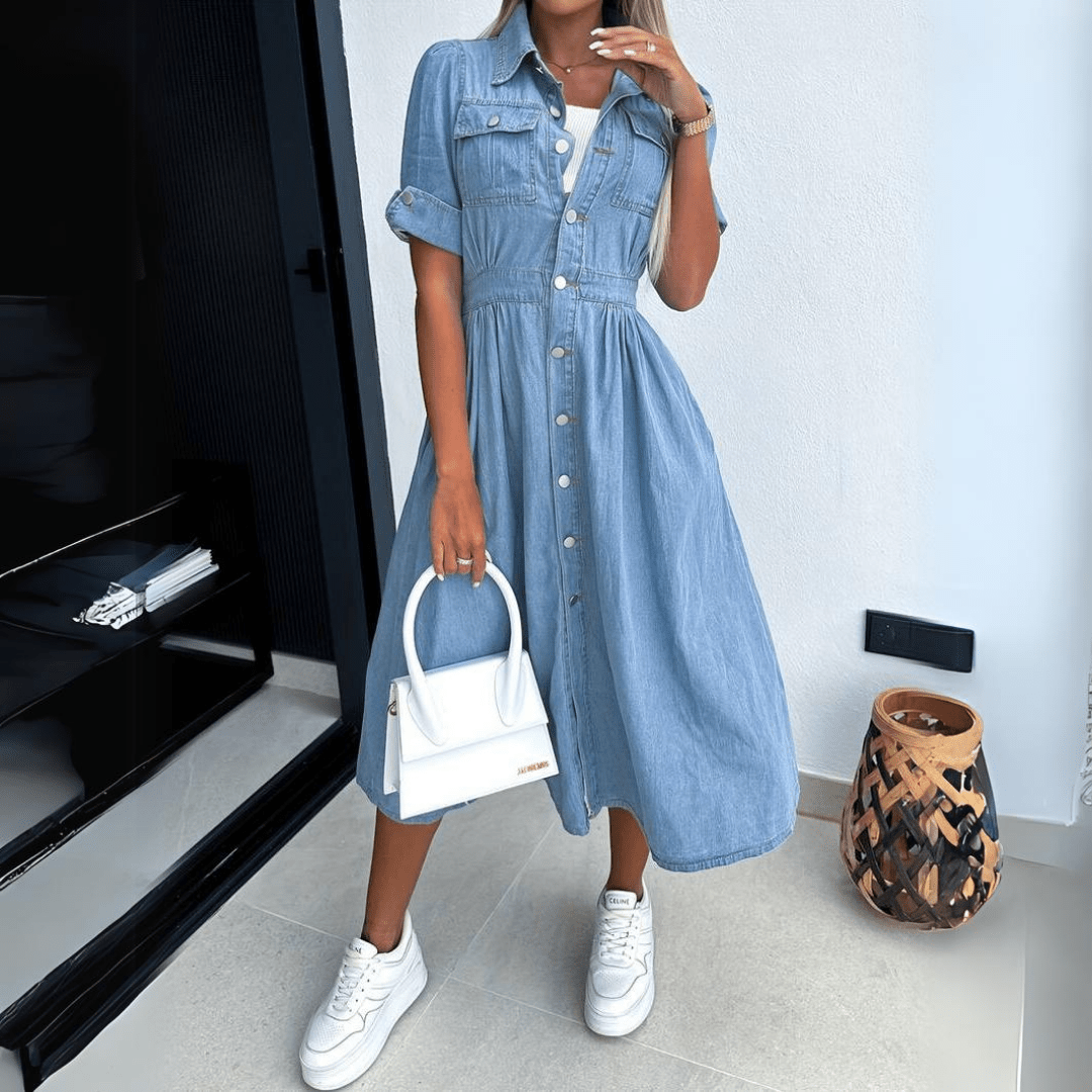 Robe Chemise Denim Femme À Boutons Manche Courte Mi Longue Taille Cintrée Élégante Et Décontractée