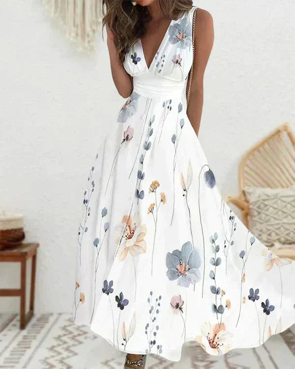 Amawinc Robe Maxi Femme Sans Manches Encolure V Légère Imprimé Floral Coupe Fluide Élégante Été Vacances Plage
