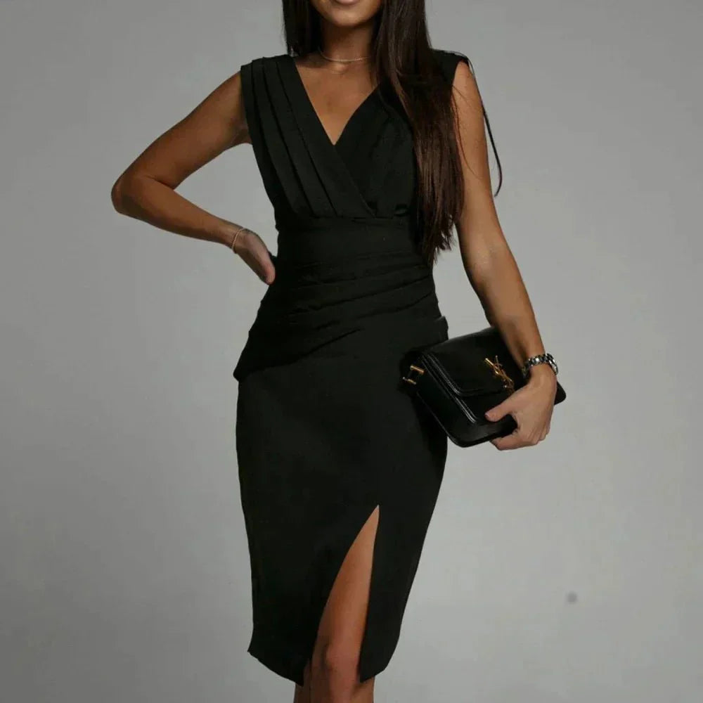Robe Femme Ajustée Drapée Sans Manches Encolure V Genou Longueur Pour Soirée Cocktails Élégante