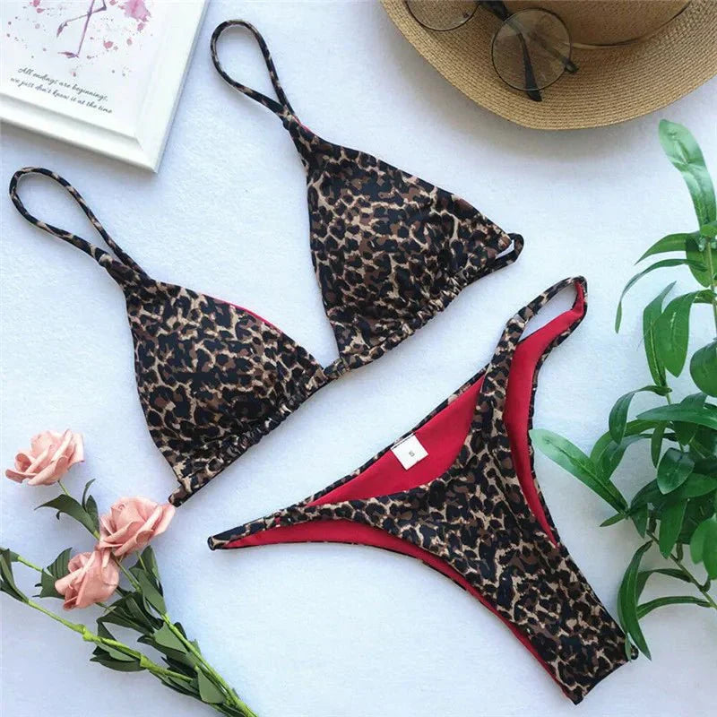 Ensemble Bikini Femme Imprimé Léopard Haut Trident Bretelles Réglables Bas à Coupe Haute