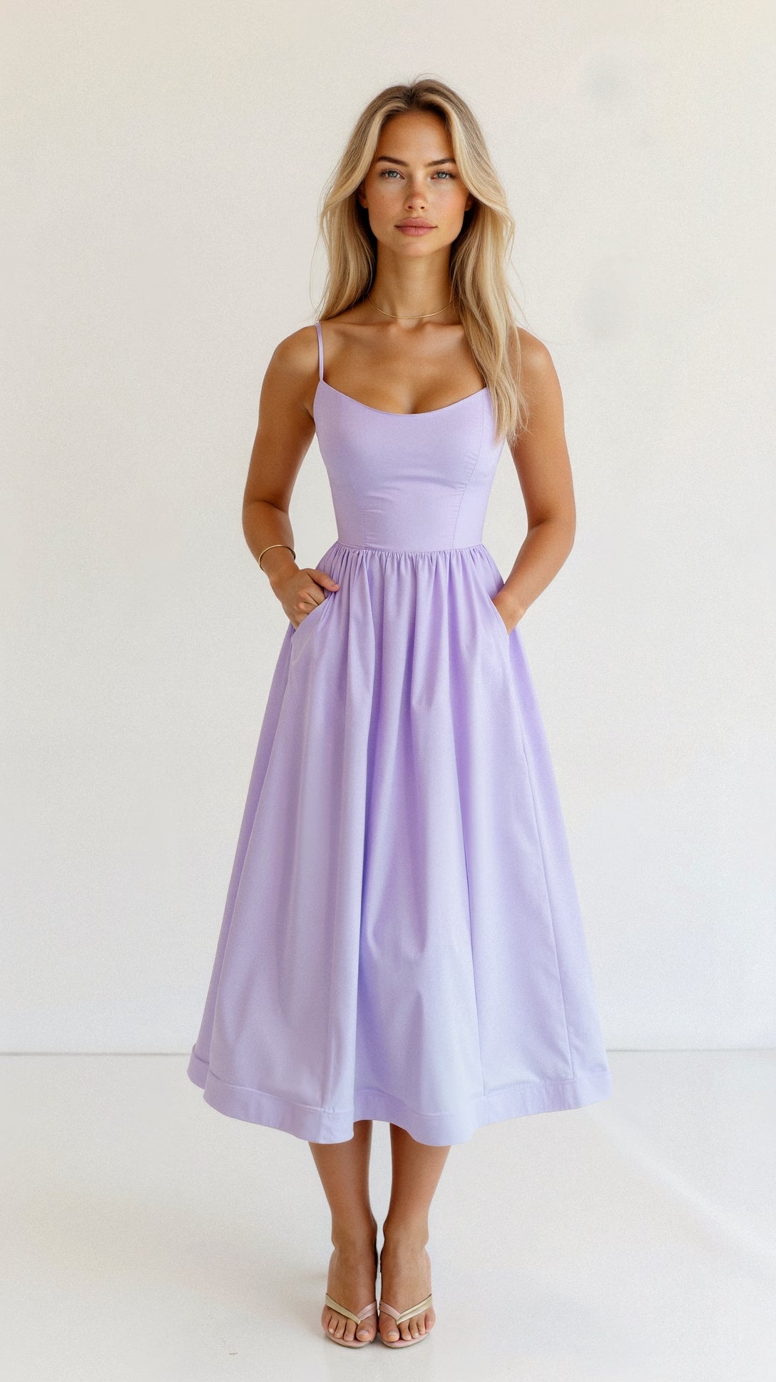 Robe Femme A Line Midi Avec Bretelles Spaghetti Et Taille Cintrée Pour Été Élégante Et Polyvalente