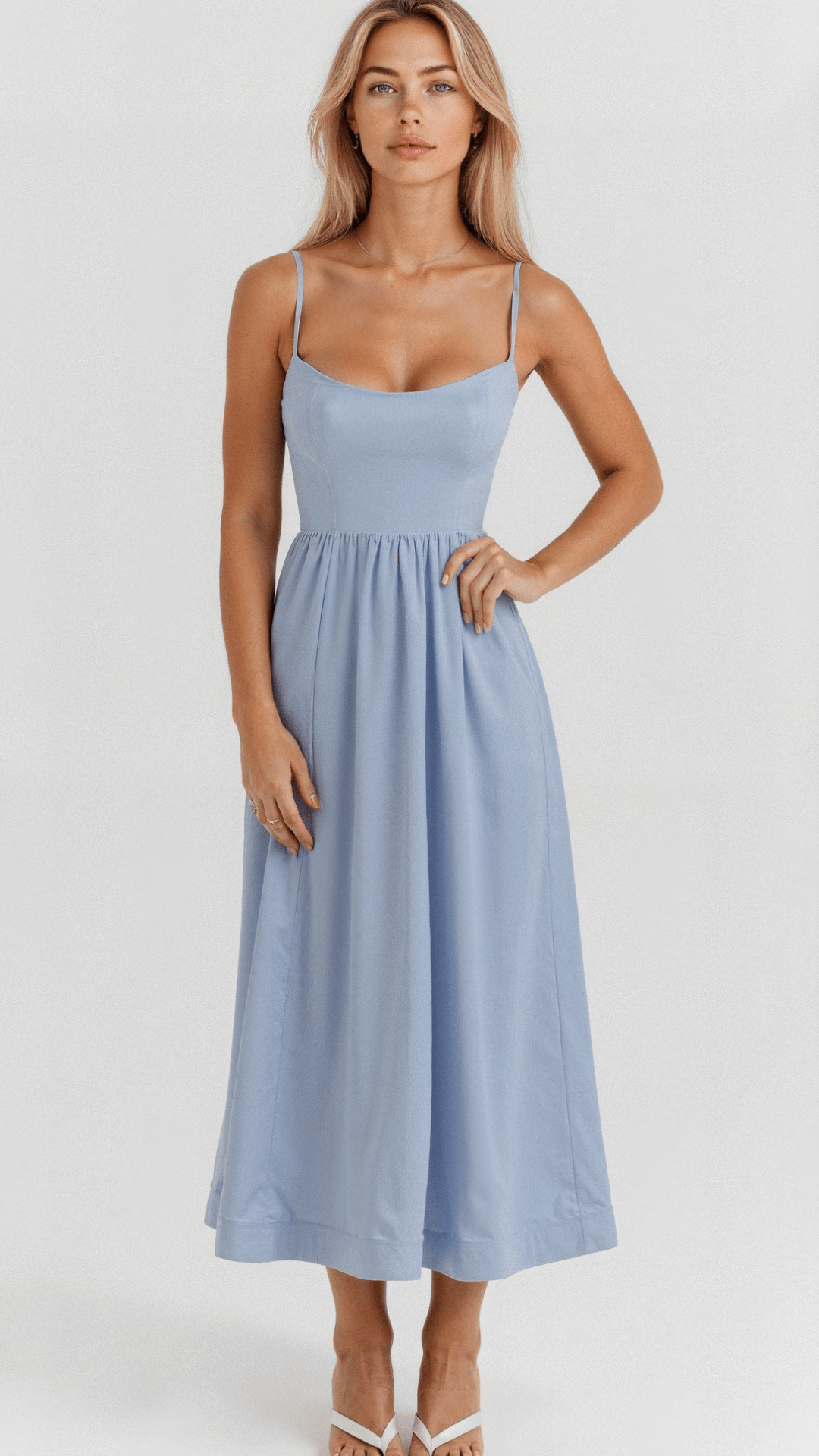 Robe Femme A Line Midi Avec Bretelles Spaghetti Et Taille Cintrée Pour Été Élégante Et Polyvalente