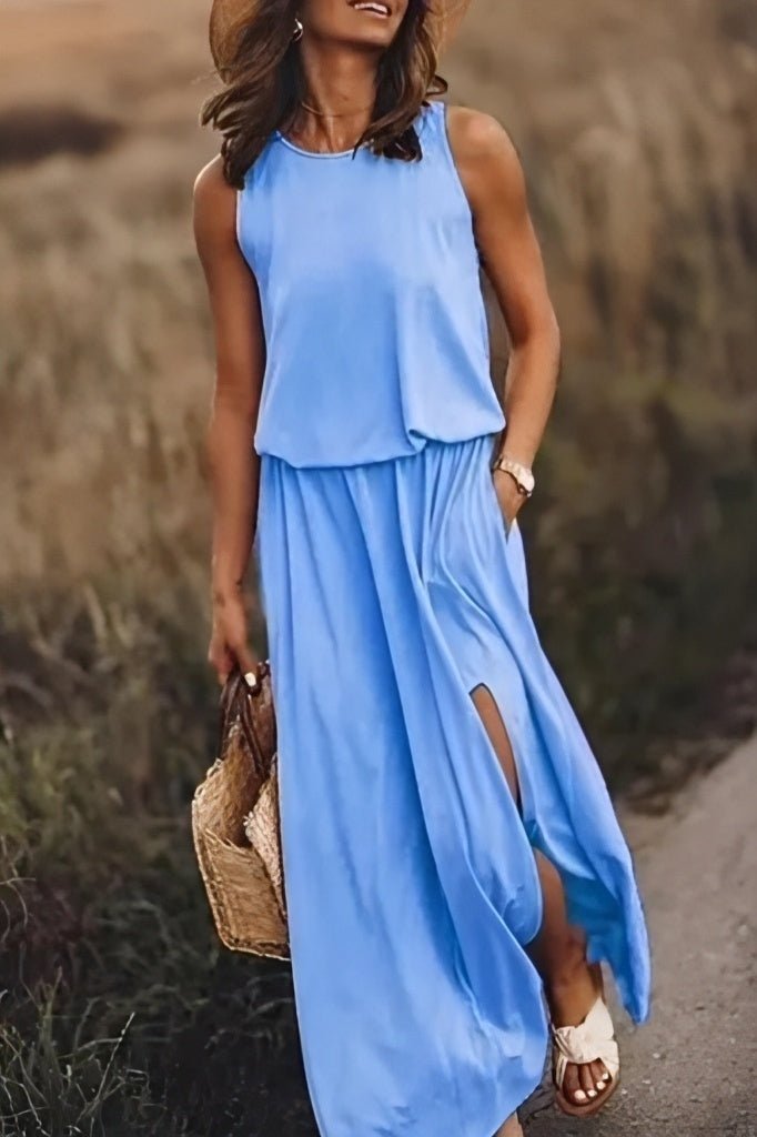 Robe Maxi Femme Amawinc Sans Manches Taille Empire Avec Fente Col Rond Confort Estival
