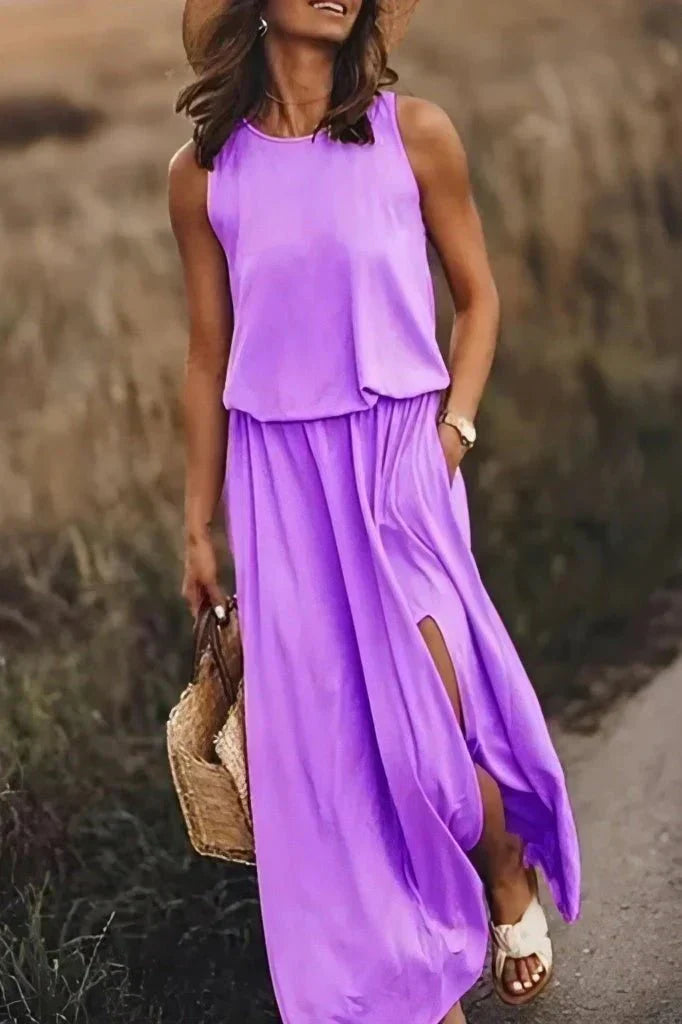 Robe Maxi Femme Amawinc Sans Manches Taille Empire Avec Fente Col Rond Confort Estival
