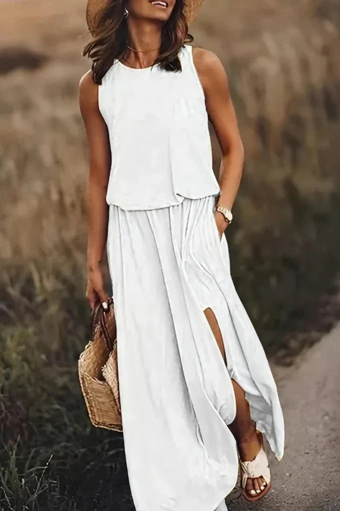 Robe Maxi Femme Amawinc Sans Manches Taille Empire Avec Fente Col Rond Confort Estival