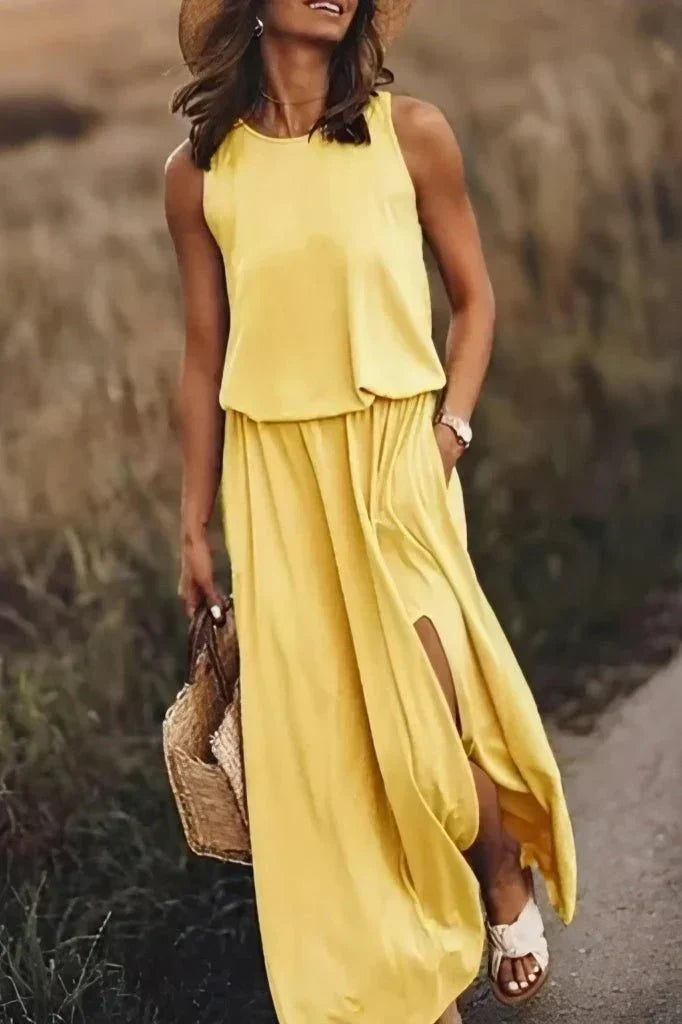 Robe Maxi Femme Amawinc Sans Manches Taille Empire Avec Fente Col Rond Confort Estival