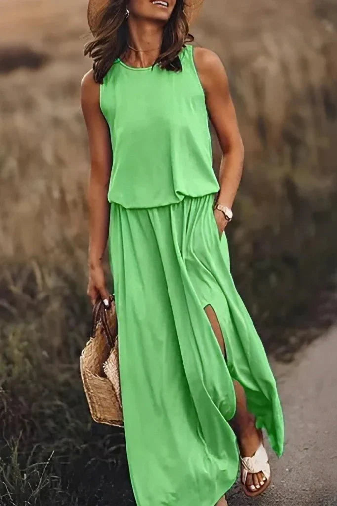 Robe Maxi Femme Amawinc Sans Manches Taille Empire Avec Fente Col Rond Confort Estival