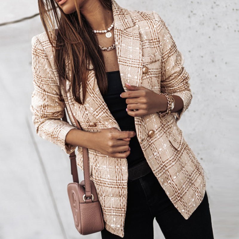 Blazer Femme Tailleur Coupe Double Boutonnage Tweed Motif Carreaux Style Nordique Élégant