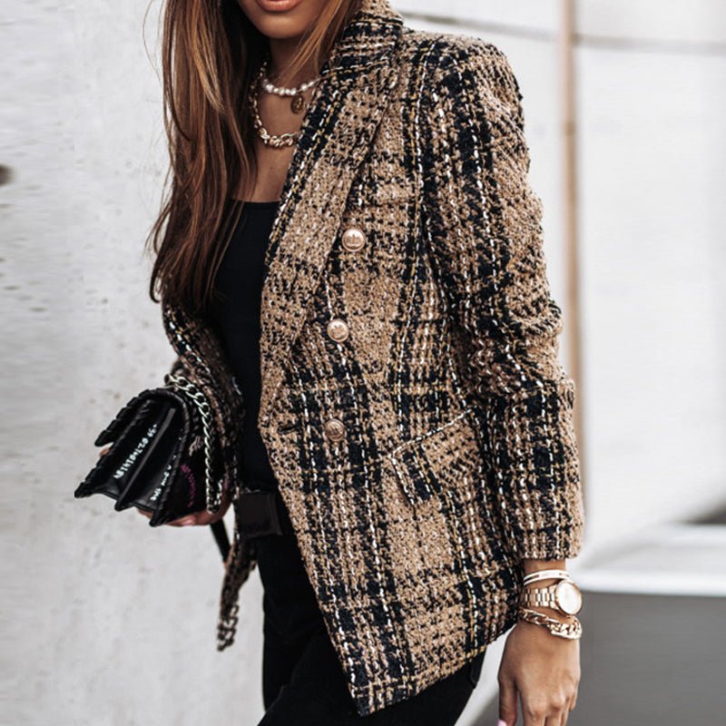 Blazer Femme Tailleur Coupe Double Boutonnage Tweed Motif Carreaux Style Nordique Élégant