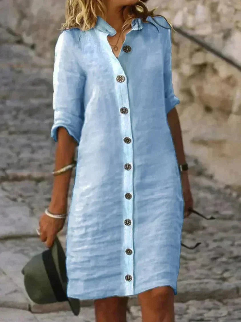 Robe Chemise Femme Léger Tissu Mélangé Coton Coupe Décontractée Longueur Genou Manches Longues