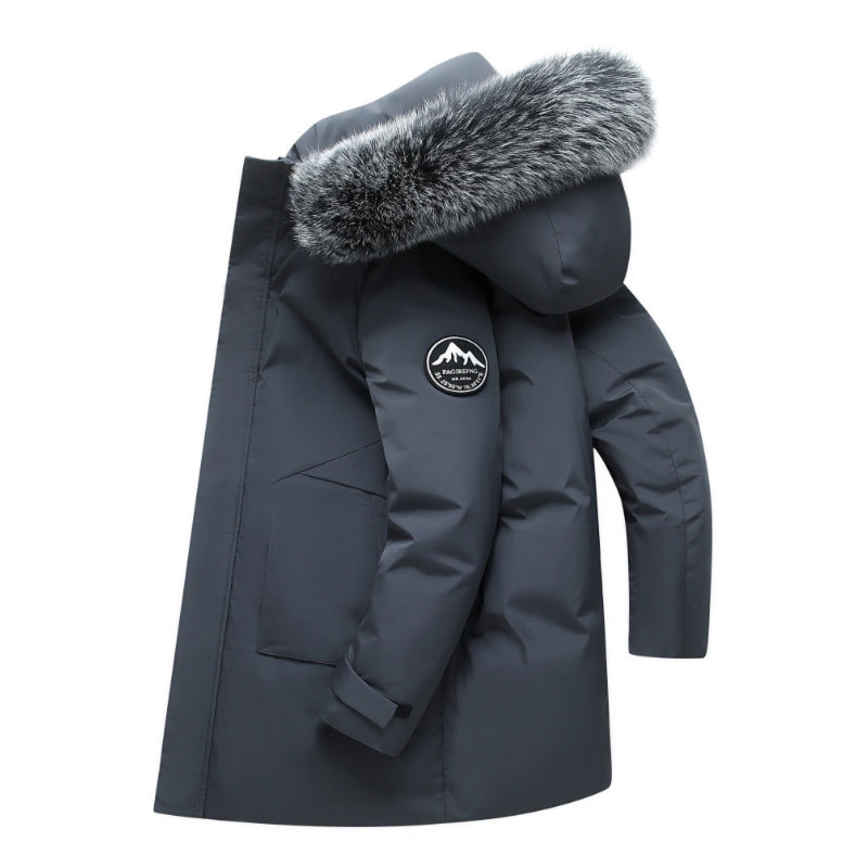 Doudoune Duvet D'Oie Anti Vent Avec Capuche Pour Homme Et Bordure Fausse Fourrure Et Multiples Poches