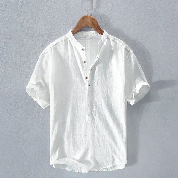 Chemise Henley Homme Respirante Mélange Coton Lin Bouton de Fermeture Décontractée Été Coupe Régulière Bleu Clair