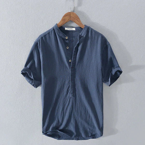 Chemise Henley Homme Respirante Mélange Coton Lin Bouton de Fermeture Décontractée Été Coupe Régulière Bleu Clair