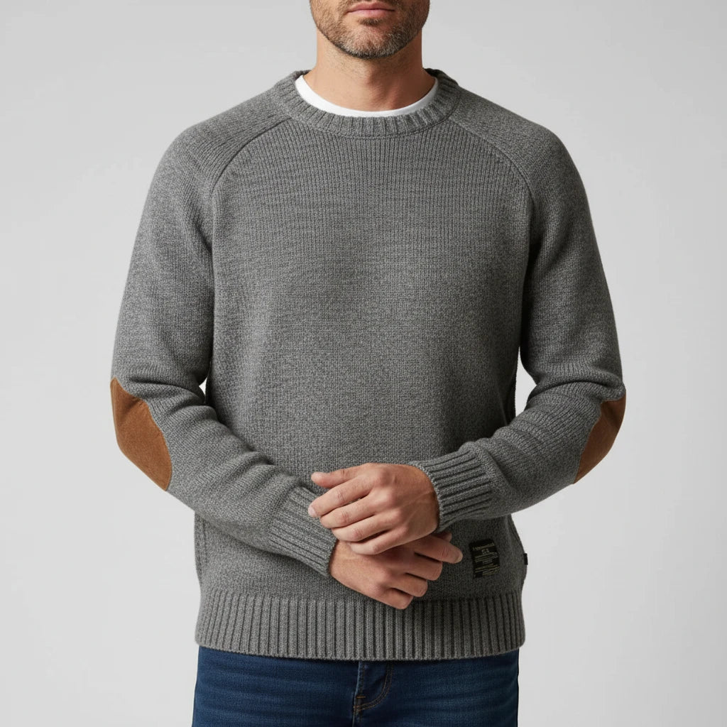 Pull Tricot Homme Avec Patch Coudes Raglan Manche Ourlet Côtelé Rouge Classique Amawinc