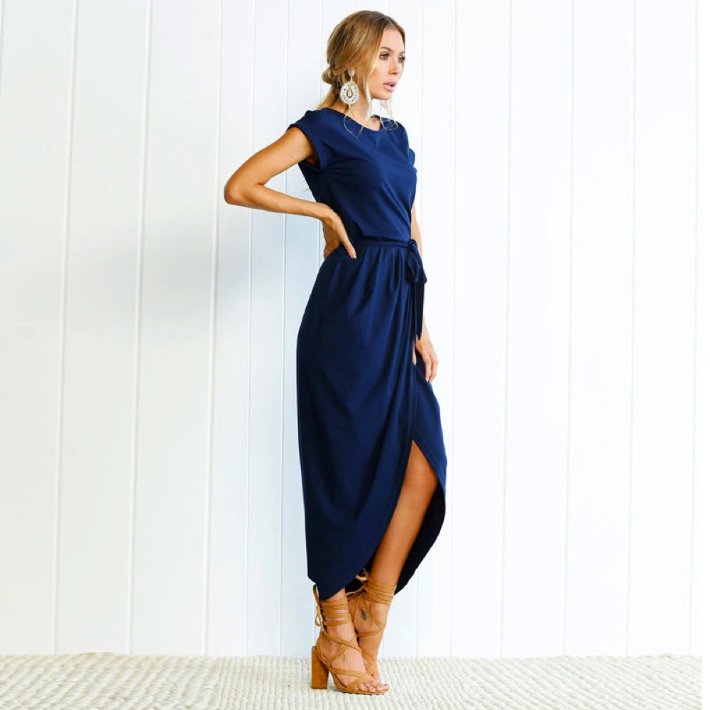 Robe Maxi Femme Légère Et Aérienne Amawinc Ceinture À La Taille Et Fente Asymétrique Mélange De Coton