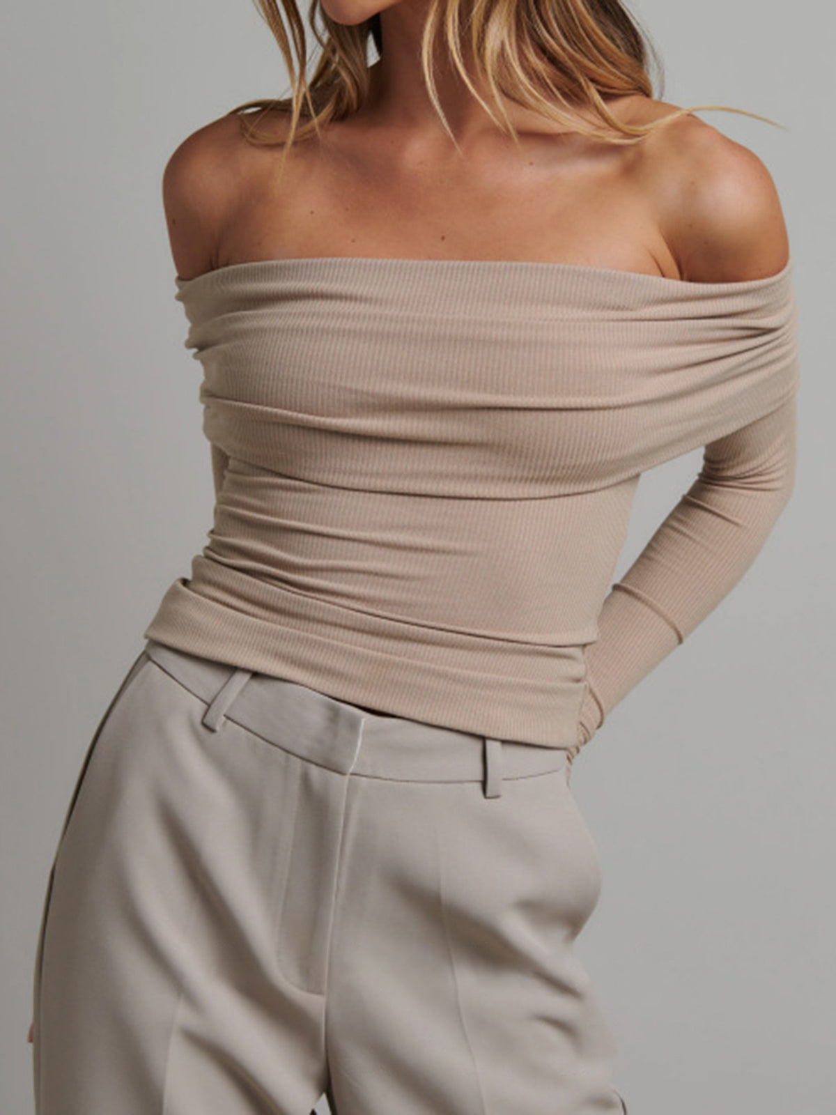 Top Bardot Court À Manches Longues En Maille Côtelée Polyester Élasthanne Style Décontracté