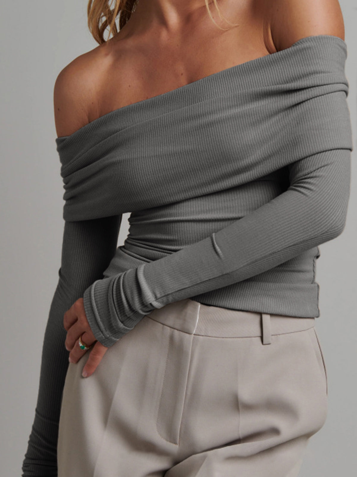 Top Bardot Court À Manches Longues En Maille Côtelée Polyester Élasthanne Style Décontracté
