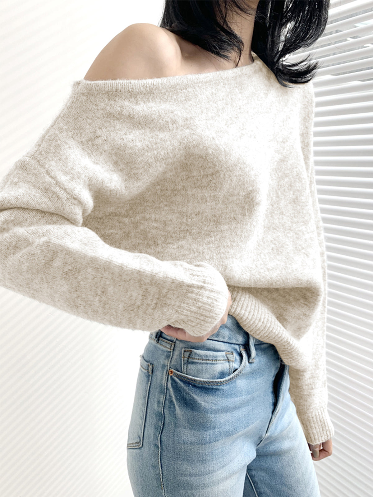 Pull Asymétrique À Une Épaule En Maille Élégant Et Romantique Pour Loisir Décontracté
