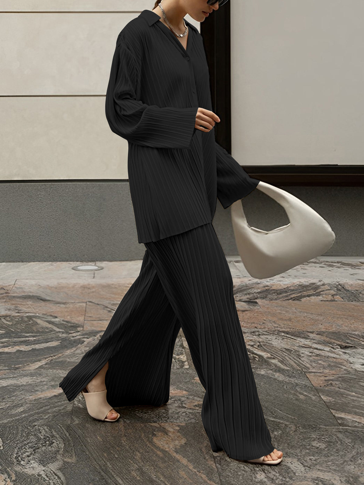 Ensemble Pantalon Deux Pièces Ample Avec Poches Plissées Décontracté Confortable Idéal