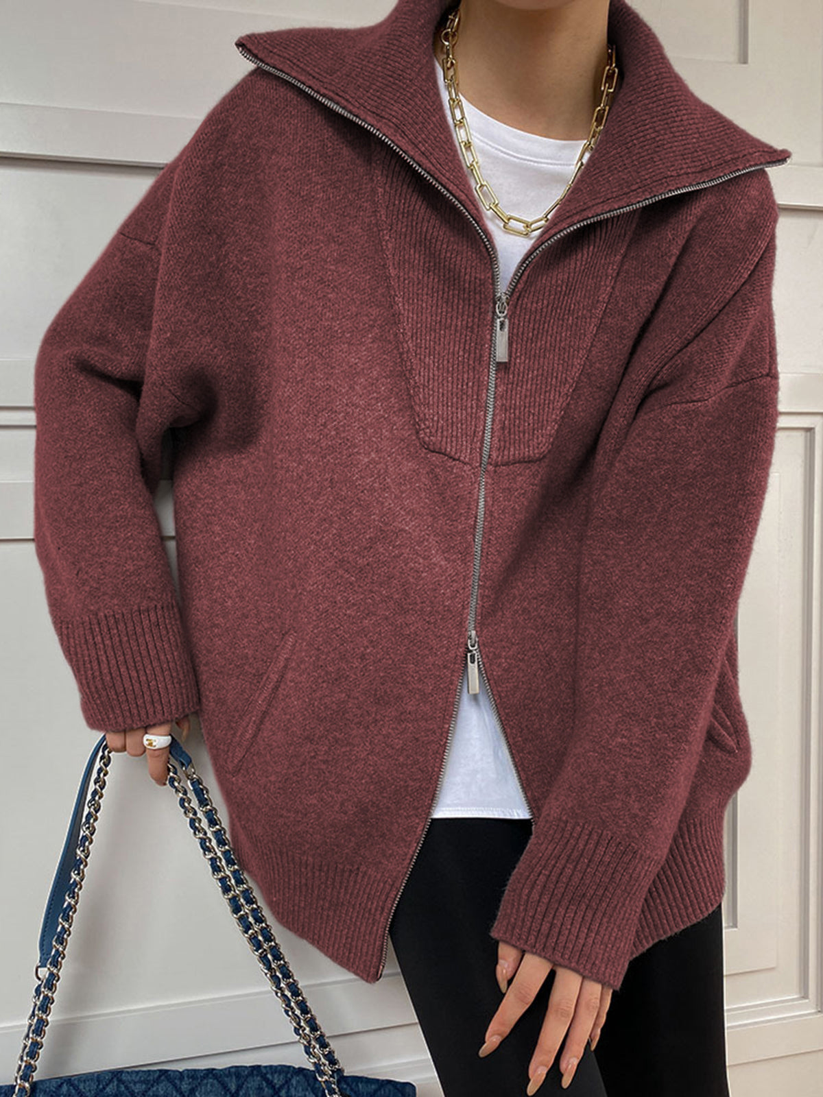 Cardigan Oversize Col Ouvert En Maille Tricot Décontracté 50 Pour Cent Acrylique Et Polyamide