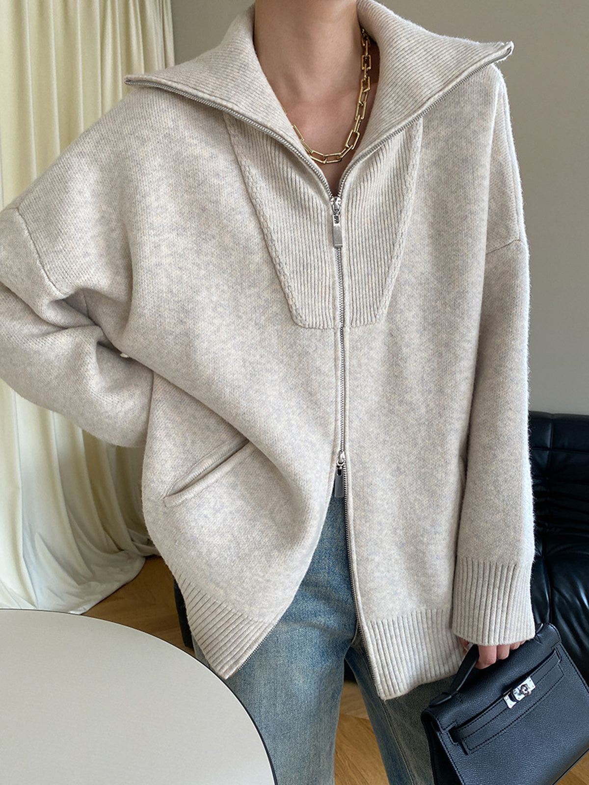 Cardigan Oversize Col Ouvert En Maille Tricot Décontracté 50 Pour Cent Acrylique Et Polyamide