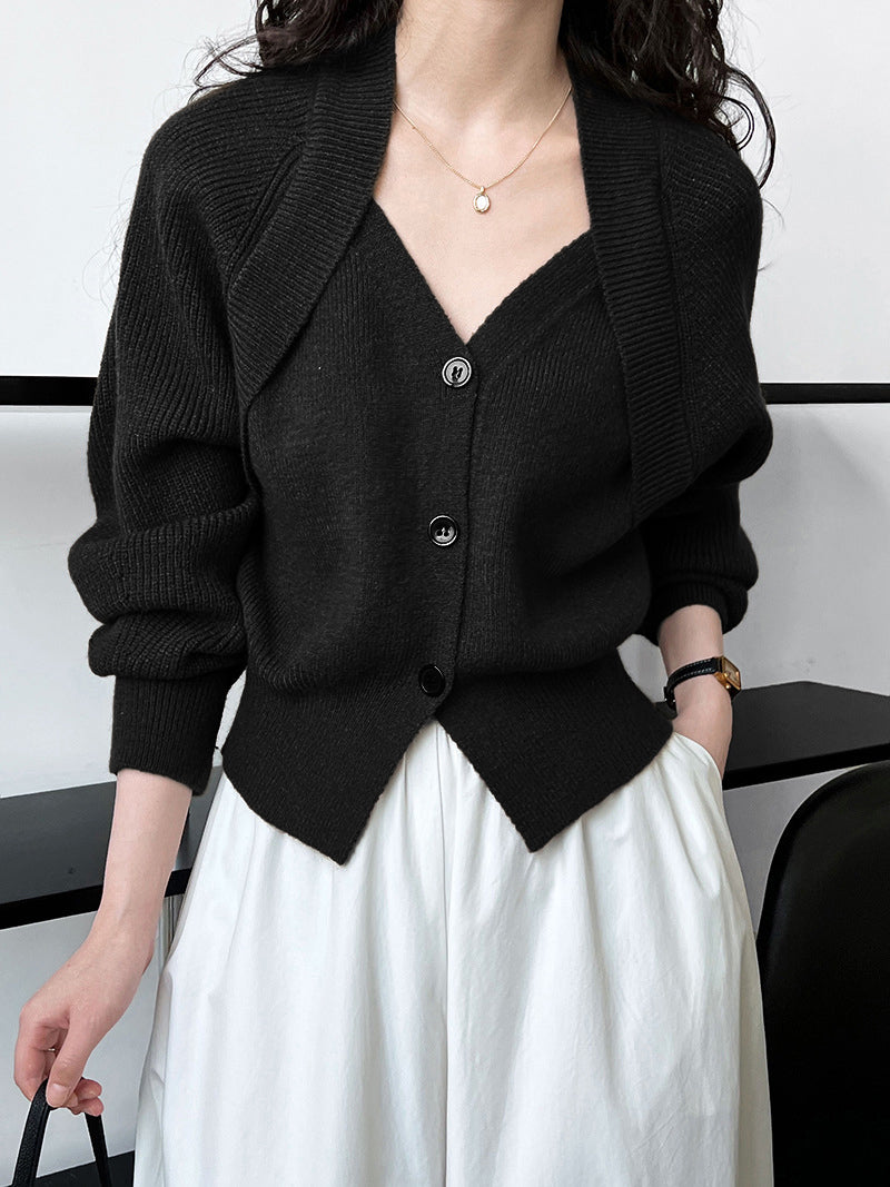Pull Patchwork Col En V Boutonné Manches Longues Maille Chaude Élégant Pour Travail Et Loisir