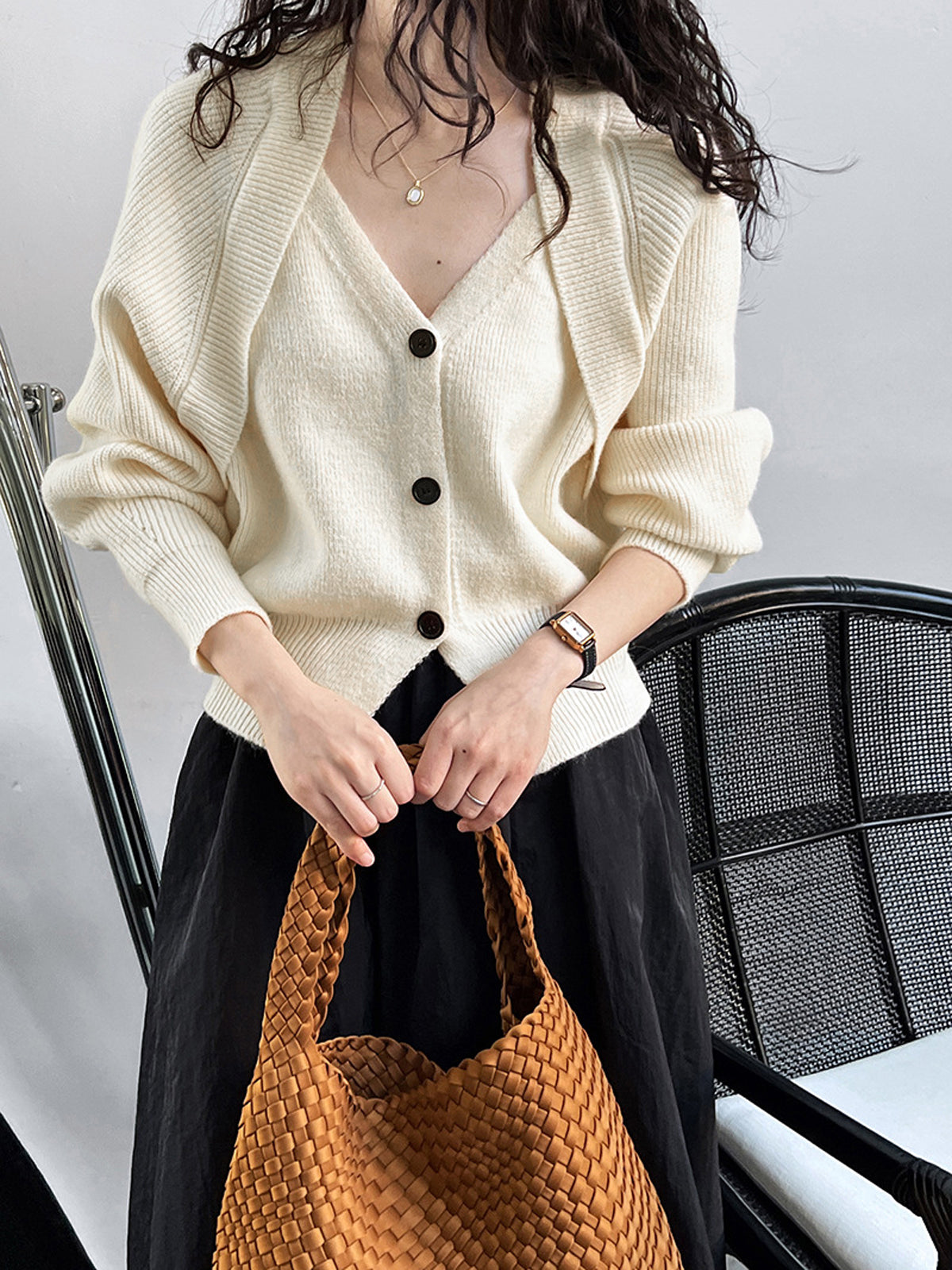 Pull Patchwork Col En V Boutonné Manches Longues Maille Chaude Élégant Pour Travail Et Loisir