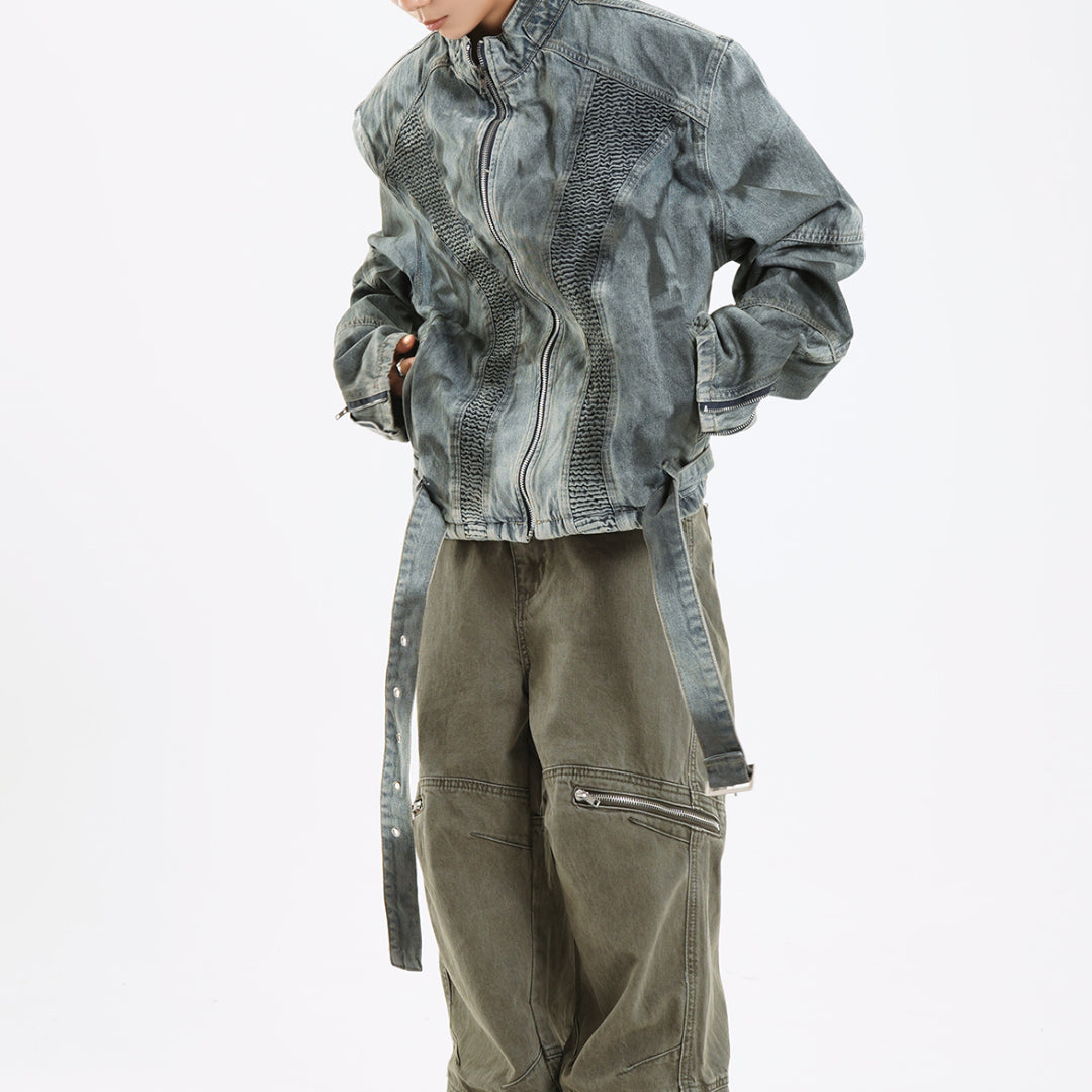 Veste En Denim Thunderdome Punk Distressée Délavée Avec Détails Côtelés Et Construction Soignée