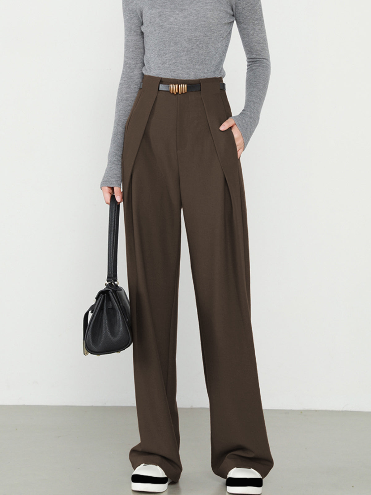 Pantalon Droit À Poches Simples À Taille Haute Élégant Pour Loisirs Et Travail Longueur Classique