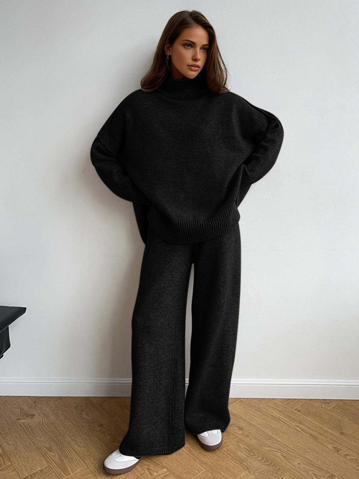 Ensemble Col Roulé En Maille Pantalon Décontracté Confort Pour Domicile Et Travail