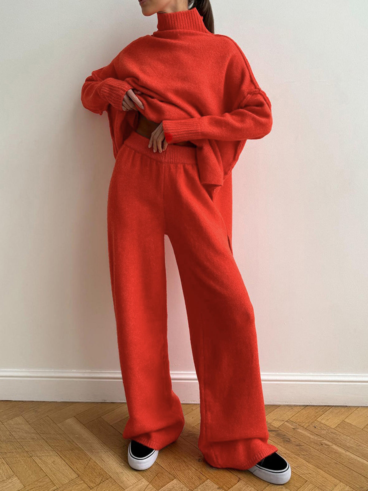 Ensemble Col Roulé En Maille Pantalon Décontracté Confort Pour Domicile Et Travail