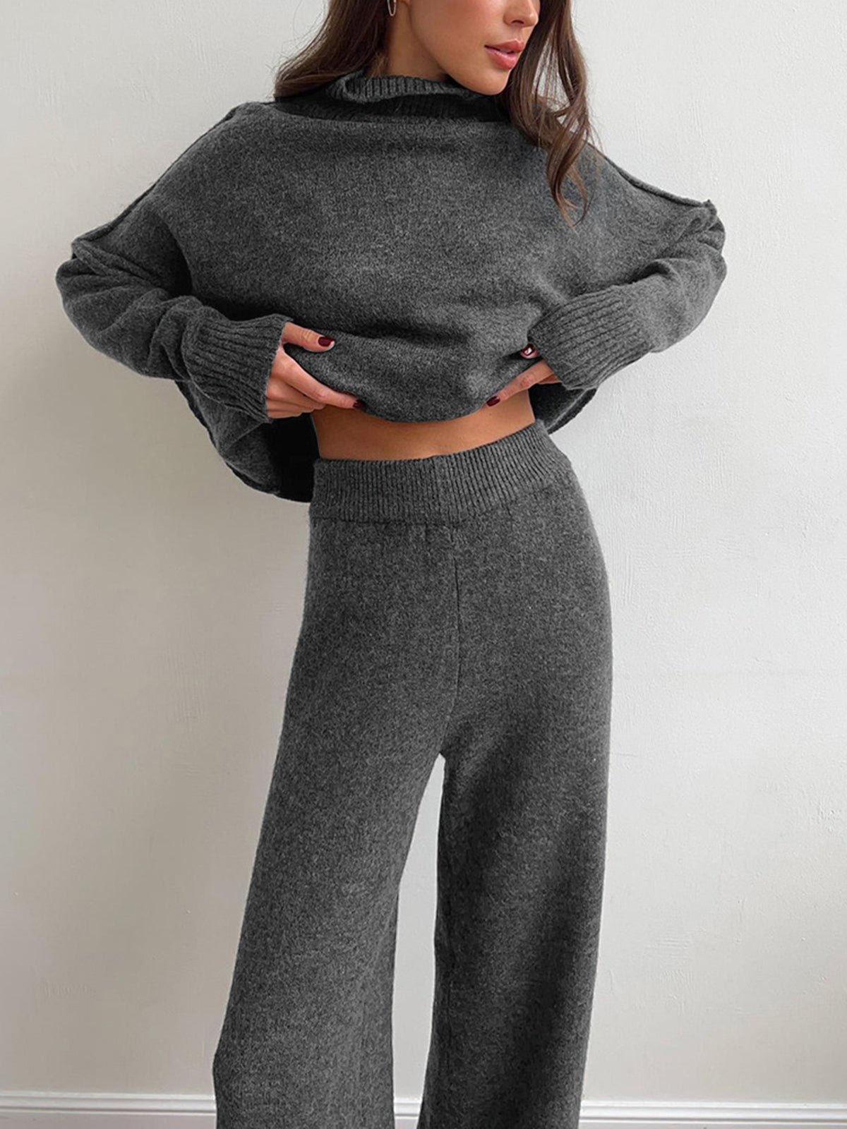 Ensemble Col Roulé En Maille Pantalon Décontracté Confort Pour Domicile Et Travail