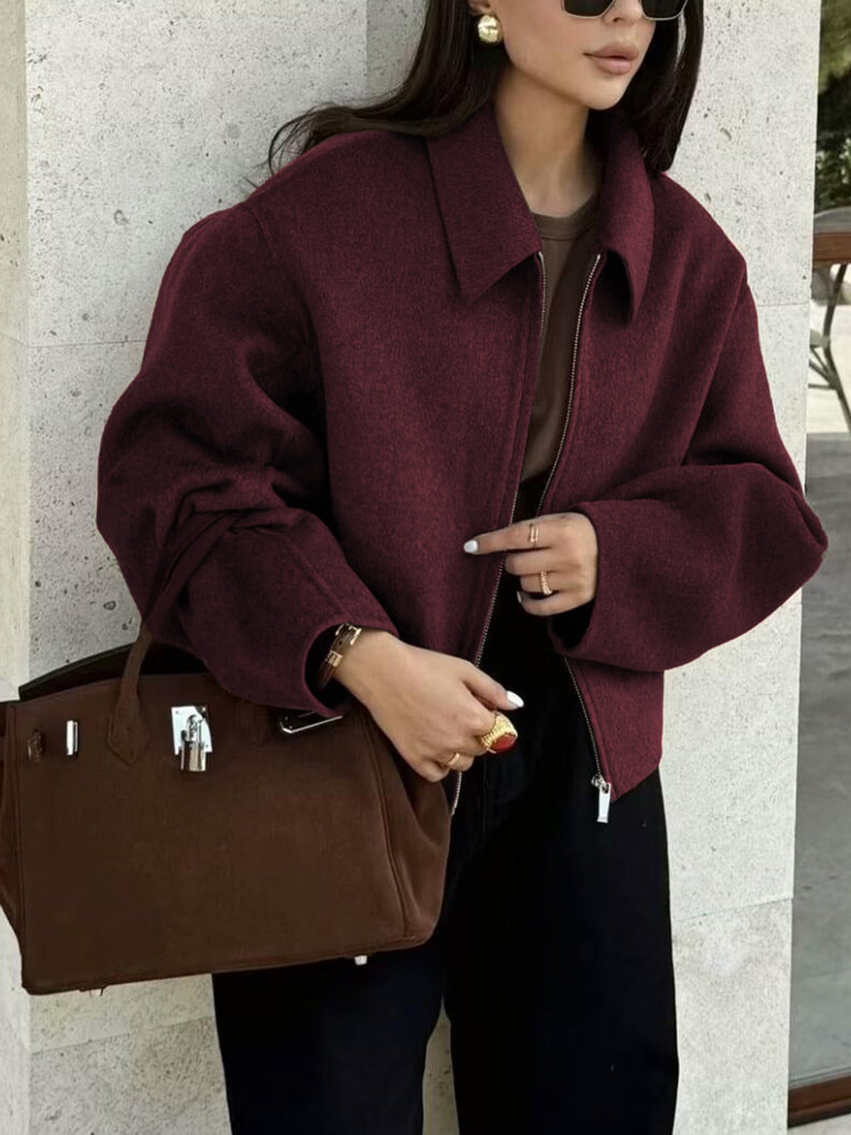 Veste Tweed Unie À Fermeture Éclair Décontractée Et Élégante Manches Longues Polyester Pour Travail Et Loisirs