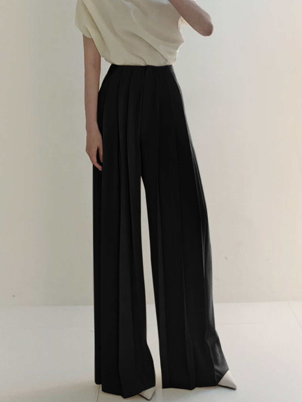 Pantalon Plissé Taille Haute À Jambe Large Élégant En Tissu Tissé Polyester Élasthanne Pour Travail Mariage Loisirs