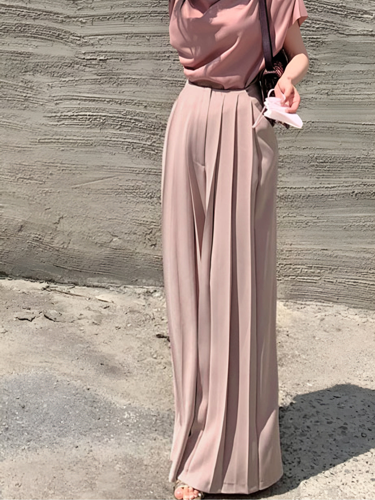 Pantalon Plissé Taille Haute À Jambe Large Élégant En Tissu Tissé Polyester Élasthanne Pour Travail Mariage Loisirs