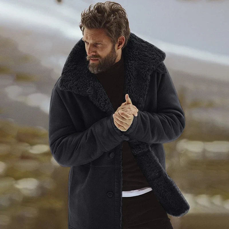Parka Homme Avec Doublure Fourrure Synthétique Coupe Décontractée Longueur Mi Cuisse Boutons Devant Pour L Hiver