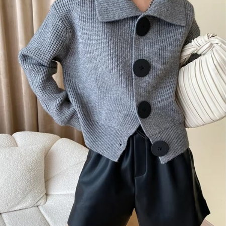 Cardigan Gris Pour Femme En Maille Avec Boutons Devant Et Col Revers Coupe Ample Pour Automne Hiver