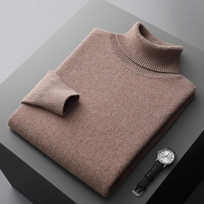 Pull Col Roulé En Laine Mérinos Uni À Côtes Regular Fit Pour Homme Longueur Hip Doux Confortable