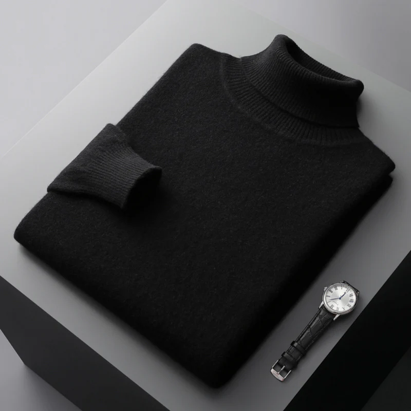 Pull Col Roulé En Laine Mérinos Uni À Côtes Regular Fit Pour Homme Longueur Hip Doux Confortable