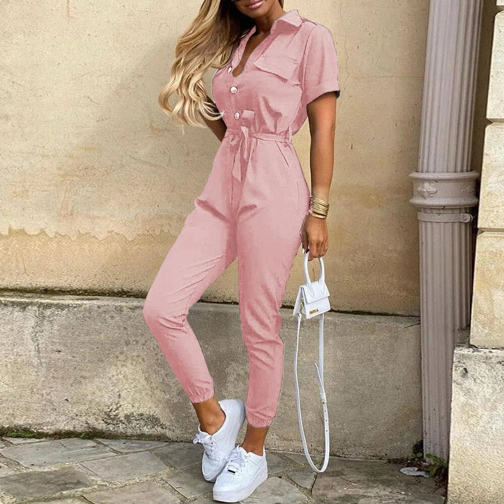 Combinaison Femme Style Utilitaire Bouton Fermeture Ceinture Taille Manches Courtes Pour Printemps Et Été