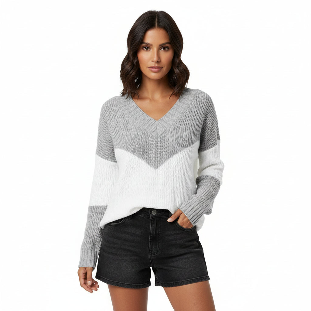 Pull Femme Col V Bloc De Couleurs Avec Motif Chevron Et Bord Côtelé Confortable Et Polyvalent
