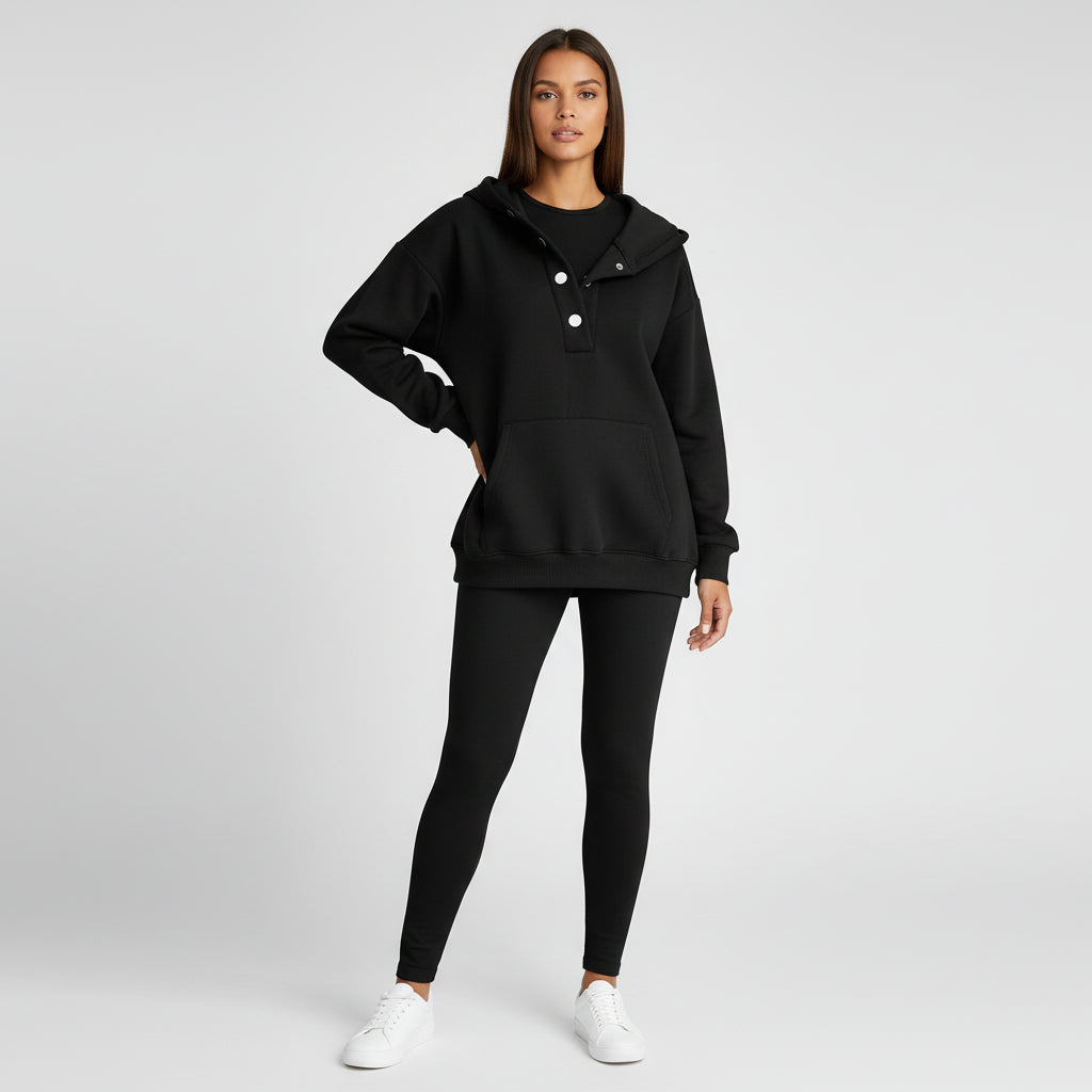 Ensemble Sweat À Capuche Pour Femme Avec Leggings Coordonnés Détail Bouton Poche Kangourou Confort Style