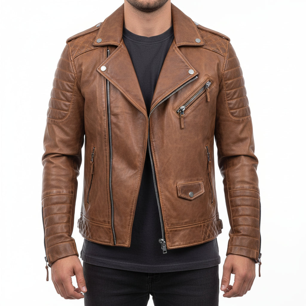 Veste Biker En Cuir Homme Avec Zip Asymétrique Et Épaules Matelassées Pour Coupe Slim